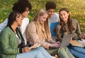 Group of international students studying at autumn park Royalty Free Stock Photo