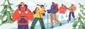 Group Of Intrepid Climbers or Winter Hiker Characters With Backpacks, Embark On A Challenging Ascent