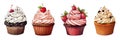 A group of isolated cupcakes with different toppings on them. Generative AI