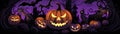 A Group Of Jack O Lantern Pumpkins In Front Of A Purple Background