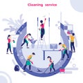 Group Of Janitors In Uniform Cleaning The Office With Cleaning Equipments, Vector illustration Royalty Free Stock Photo