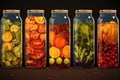 a group of jars with different colored food