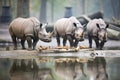 group of javan rhinos at watering hole