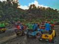 Group of jeep off road that prepare for the lava tour on merapi mountain indonesia with the blue sky