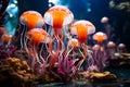 Group of jellyfish in aquarium with corals. Generative AI Royalty Free Stock Photo