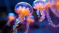 A group of jellyfish are floating in the water, AI