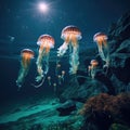A group of jellyfish floating in the water at night Royalty Free Stock Photo