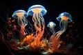 a group of jellyfish with glowing blue tentacles Royalty Free Stock Photo