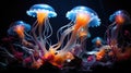 a group of jellyfish with orange and blue tentacles Royalty Free Stock Photo