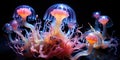 a group of jellyfish with pink and blue tentacles