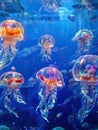 A group of jellyfish swim in an aquarium with blue water and rocks in the background. Generated AI Royalty Free Stock Photo