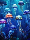 A group of jellyfish swimming in the blue ocean with bubbles and bubbles on the surface of the water. Generated AI Royalty Free Stock Photo