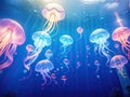 A group of jellyfish swimming in a blue ocean, with sunlight streaming through the water and a blue background, Generated AI Royalty Free Stock Photo