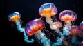 A group of jellyfish swimming in the ocean with a blue background, AI Royalty Free Stock Photo