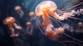 A group of jellyfish swimming in the ocean with a blue sky, AI Royalty Free Stock Photo