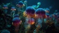 a group of jellyfish swimming in a sea of green and purple water with a dark background and a yellow light shining on the top of Royalty Free Stock Photo