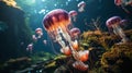 A group of jellyfish swimming in water. Generative AI. Royalty Free Stock Photo