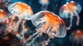 A group of jellyfish swimming in the water with some orange tentacles, AI Royalty Free Stock Photo