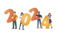 Group Of Joyful Characters Cheerfully Holding Colorful Numbers 2024 under the Falling Confetti, 3D Vector Illustration