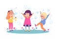 Group of joyful children blowing soap bubbles flat vector illustration isolated. Royalty Free Stock Photo