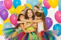 Group of joyful little kids having fun at birthday Royalty Free Stock Photo