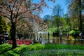 Group of joyous people walking around a tranquil pond, enjoying a fun and relaxed afternoon together