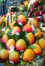 Group juicy ripe mango beautifully arranged in a pyramid