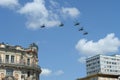 A group of Ka-52 alligator reconnaissance and attack helicopters Hokum B in the sky over Moscow during a parade dedicated to the Royalty Free Stock Photo