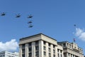 A group of Ka-52 alligator reconnaissance and attack helicopters Hokum B in the sky over Moscow during a parade dedicated to the Royalty Free Stock Photo