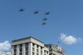 A group of Ka-52 alligator reconnaissance and attack helicopters Hokum B in the sky over Moscow during a parade dedicated to the