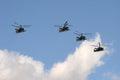 A group of Ka-52 `Alligator` reconnaissance and attack helicopters in the sky over Moscow during the dress rehearsal of the Victor Royalty Free Stock Photo