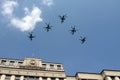 A group of Ka-52 alligator reconnaissance and attack helicopters in the sky over Moscow during the dress rehearsal for the Victory Royalty Free Stock Photo