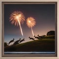 A group of kangaroos bouncing high into the air, forming a spectacular firework shape in the night sky4
