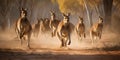 A group of kangaroos hopping through the australian outback, concept of Wildlife migration, created with Generative AI