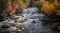 A group of kayakers navigating a rapid-filled river color created with generative AI