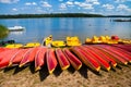 Group of kayaks on the lake shore