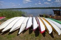 Group of kayaks on the lake shore