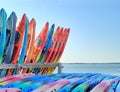 Group of kayaks stacked both vertically and horizontally