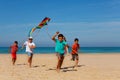 Group of kid children with color kite on a beach Royalty Free Stock Photo