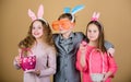Group kids bunny ears accessory celebrate Easter. Easter activity and fun. Friends having fun together on Easter day