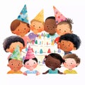 Group of kids celebrating a birthday with a cake. Watercolor cartoon illustration on white background Royalty Free Stock Photo