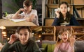 Group of kids, class studying by group video call, use video conference with each other Royalty Free Stock Photo