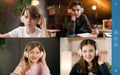 Group of kids, class studying by group video call, use video conference with each other Royalty Free Stock Photo