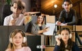 Group of kids, class studying by group video call, use video conference with each other and teacher Royalty Free Stock Photo