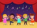 Group of kids dancing and singing a song on the stage. ChildrenÃ¢â¬â¢s performance Royalty Free Stock Photo