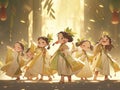 Group of kids dancing and singing a song on the stage. Childrens performance, Generative AI Royalty Free Stock Photo