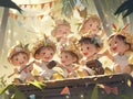 Group of kids dancing and singing a song on the stage. Childrens performance, Generative AI Royalty Free Stock Photo