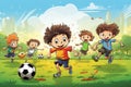 A group of kids enjoy playing soccer together on a sunny day in a grassy field, Football soccer training for kids, children Royalty Free Stock Photo