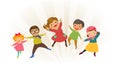 Group of kids jumping with winter clothes Royalty Free Stock Photo
