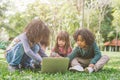 Group of kids with laptop. happy children in nature with group of friend.